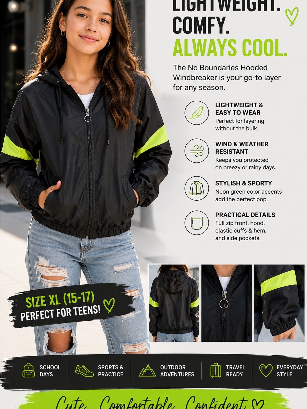 No Boundaries Black Hooded Windbreaker with Neon Green Accents